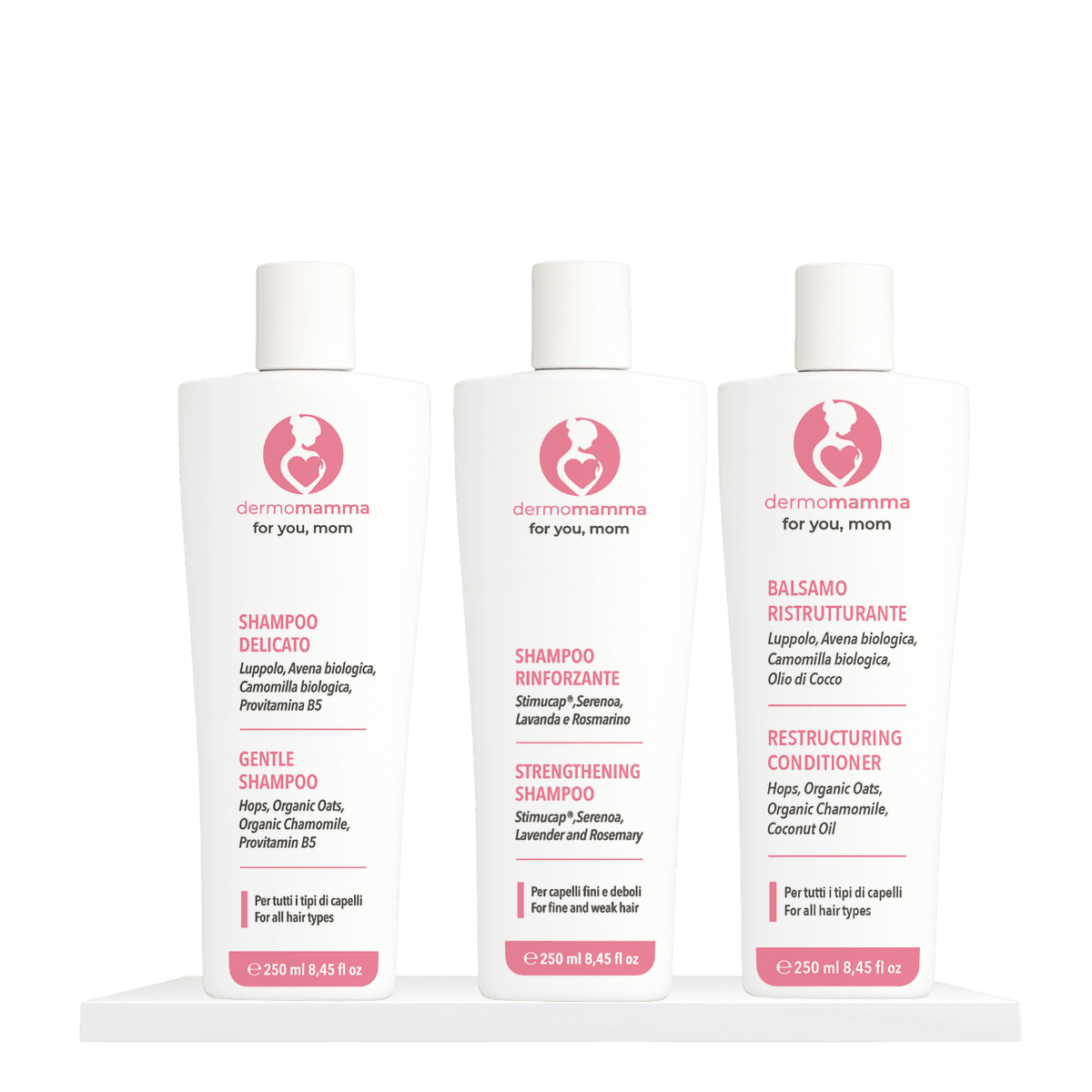 Box Capelli Dermomamma: shampoo delicato, shampoo rinforzante e balsamo