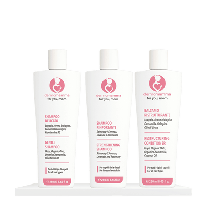 Box Capelli Dermomamma: shampoo delicato, shampoo rinforzante e balsamo