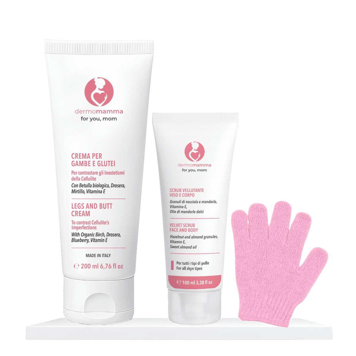 Box Cellulite Dermomamma: scrub, crema gambe e glutei e guanto esfoliante