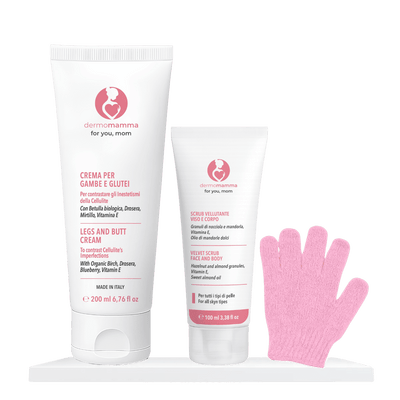 Box Cellulite Dermomamma: scrub, crema gambe e glutei e guanto esfoliante