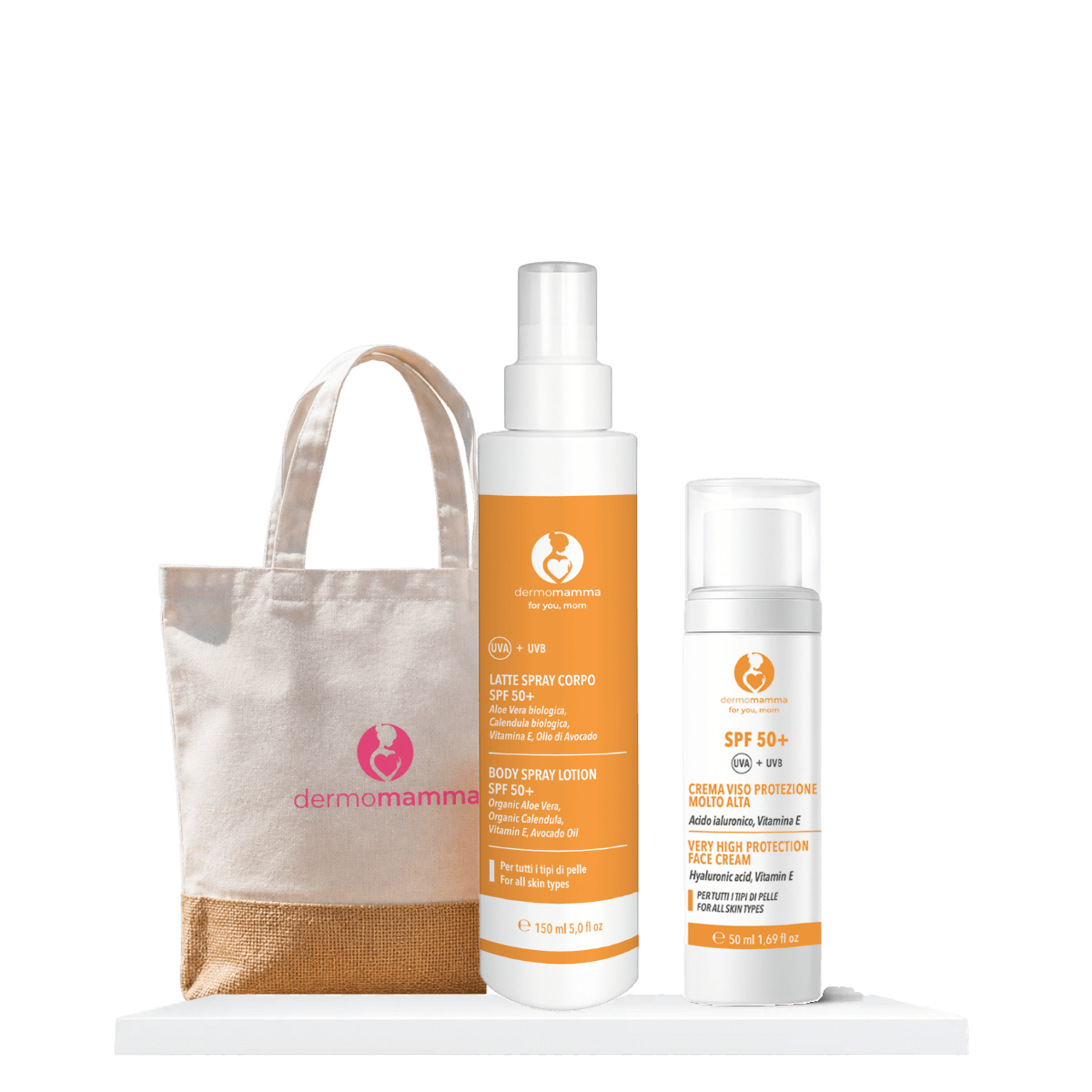 Box Solari Dermomamma: crema viso SPF50+ e spray solare corpo SPF50+ con sacca mare