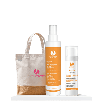 Box Solari Dermomamma: crema viso SPF50+ e spray solare corpo SPF50+ con sacca mare