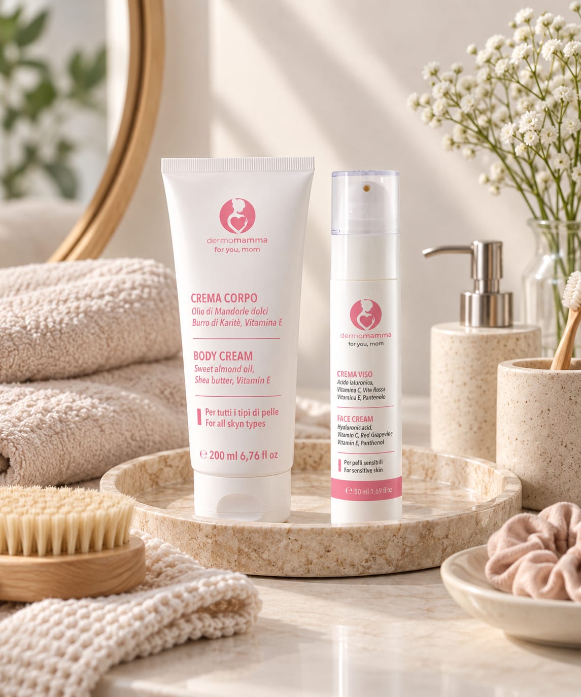 Crema corpo e crema viso Dermomamma su un vassoio in bagno