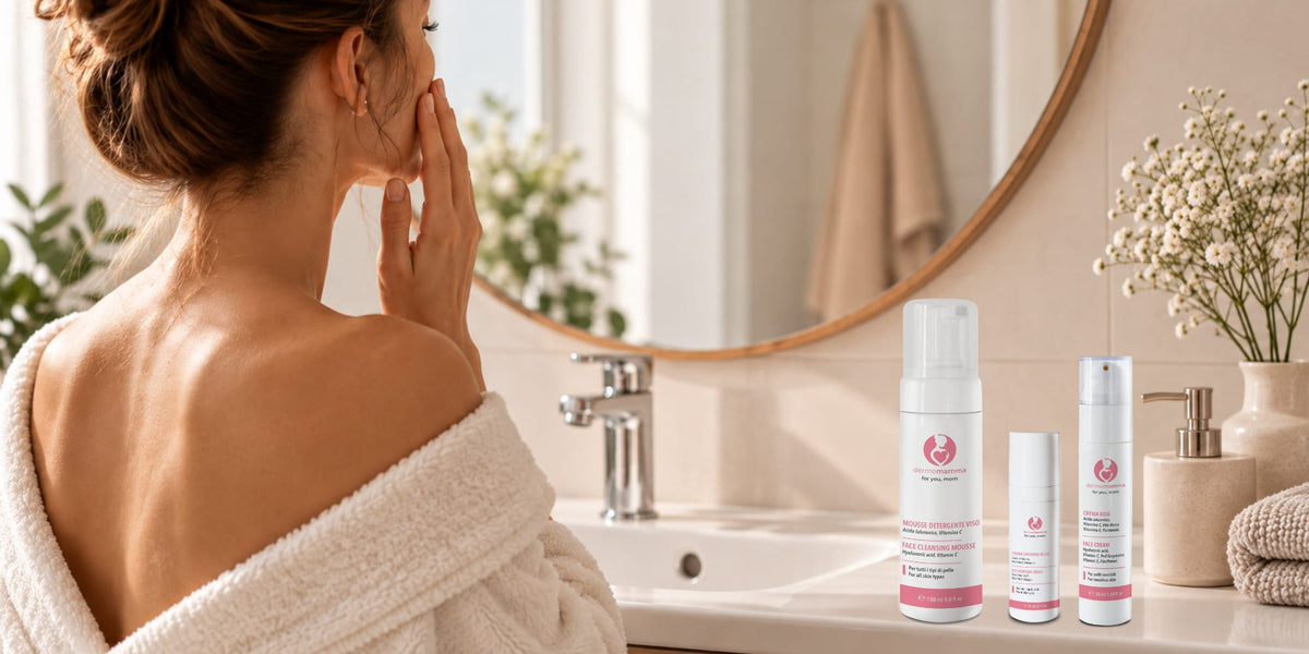Donna allo specchio in bagno con mousse detergente viso, siero e crema viso Dermomamma