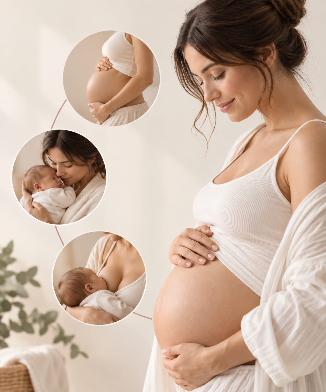 Futura mamma che accarezza il pancione, con immagini di gravidanza, neonato e allattamento