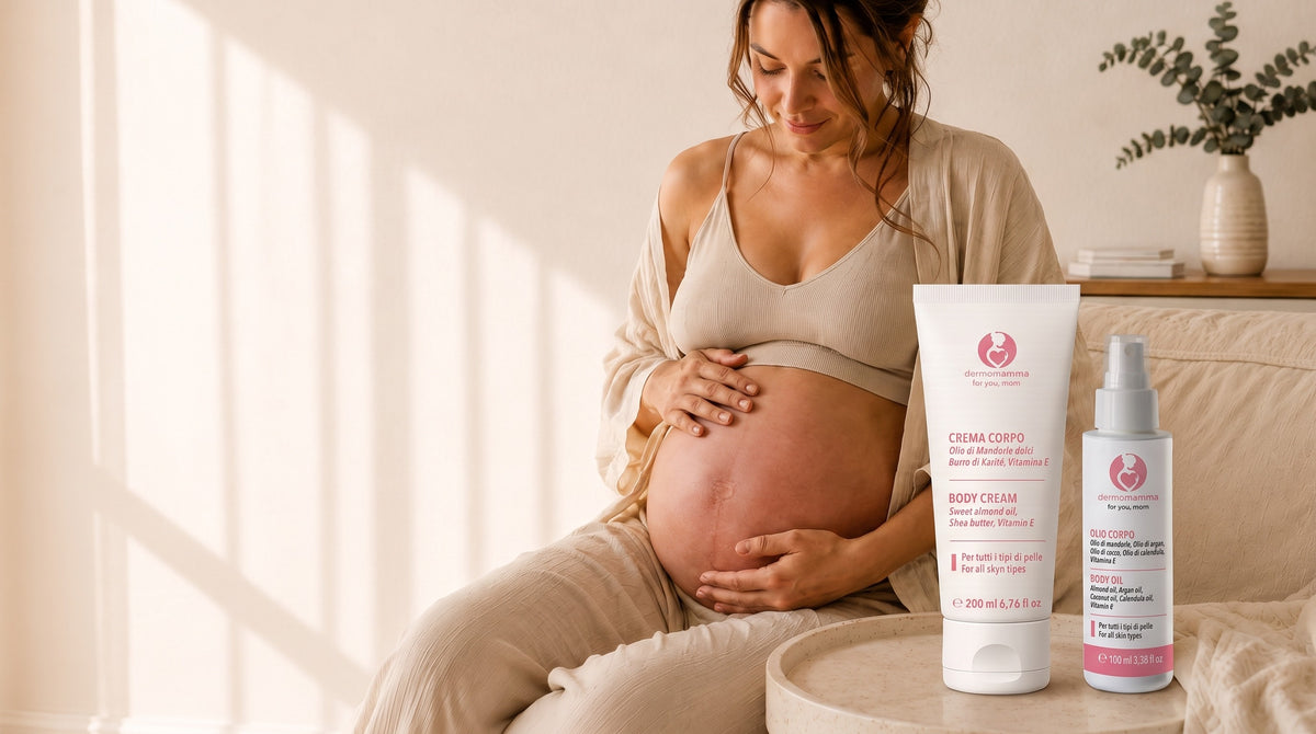 Donna in gravidanza con Crema Corpo e Olio Corpo Dermomamma