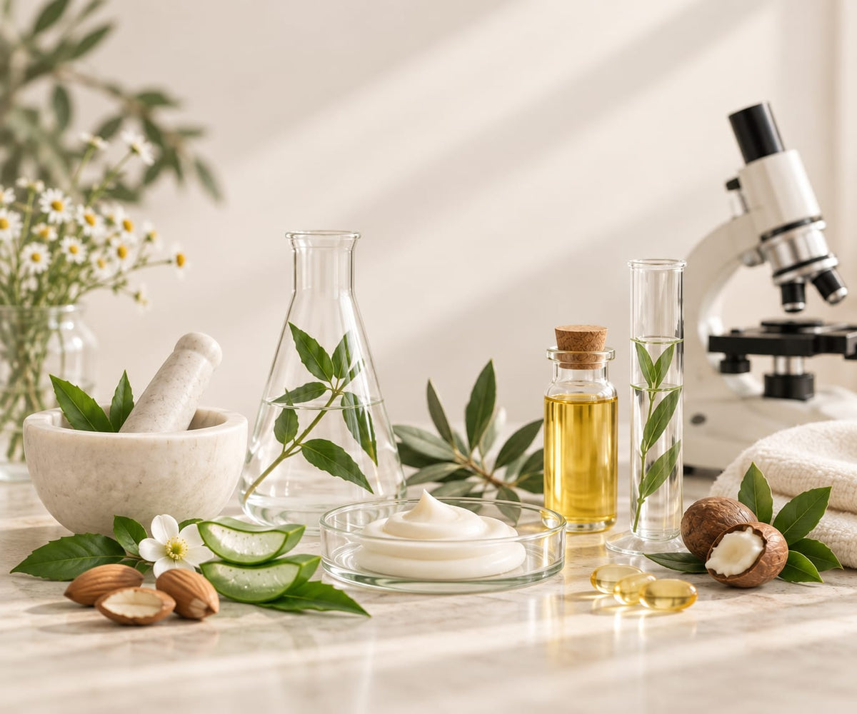 Ingredienti naturali e strumenti di laboratorio: mortaio, beuta, olio, crema, mandorle e aloe