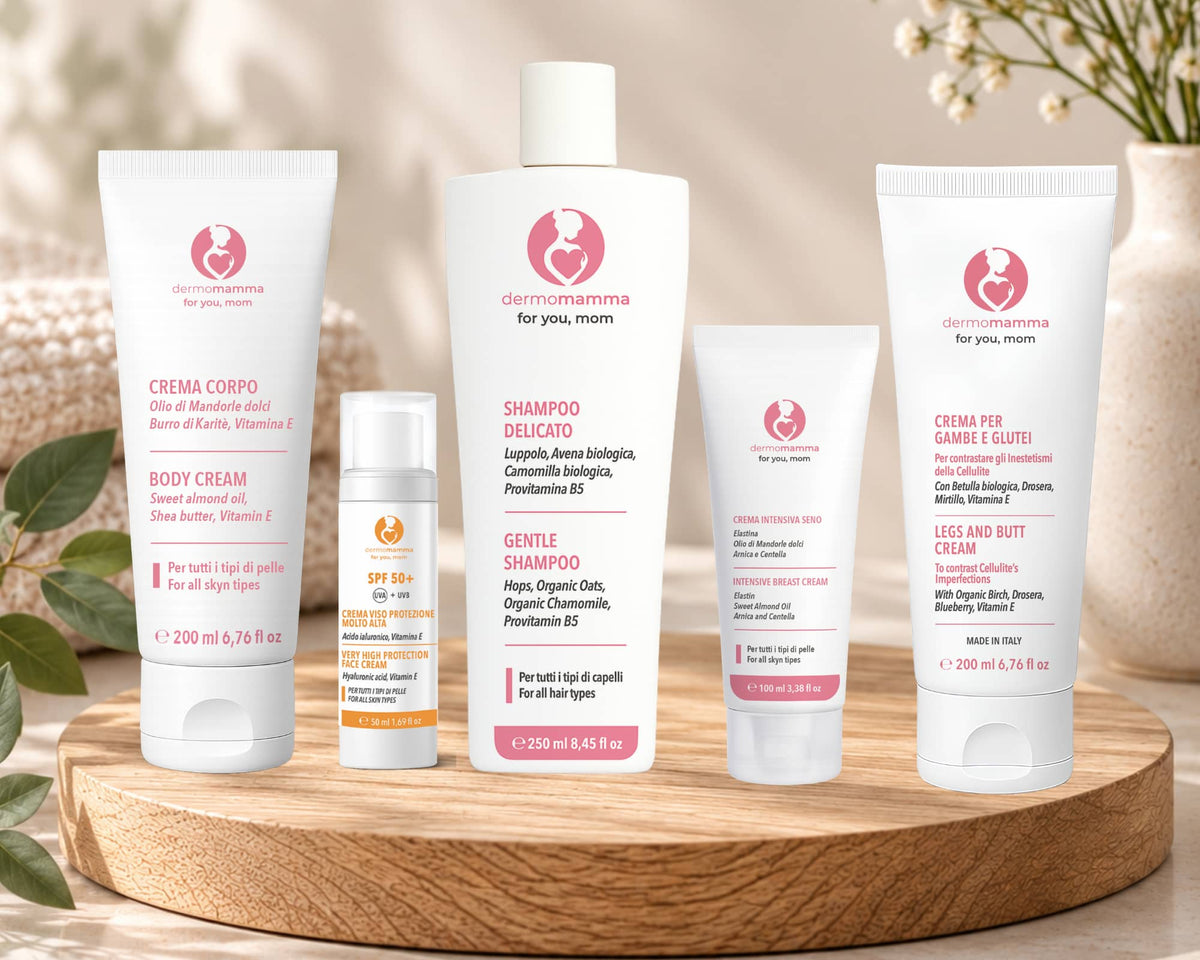 Linea Dermomamma: crema corpo, crema viso SPF 50+, shampoo delicato, crema intensiva seno e crema gambe e glutei