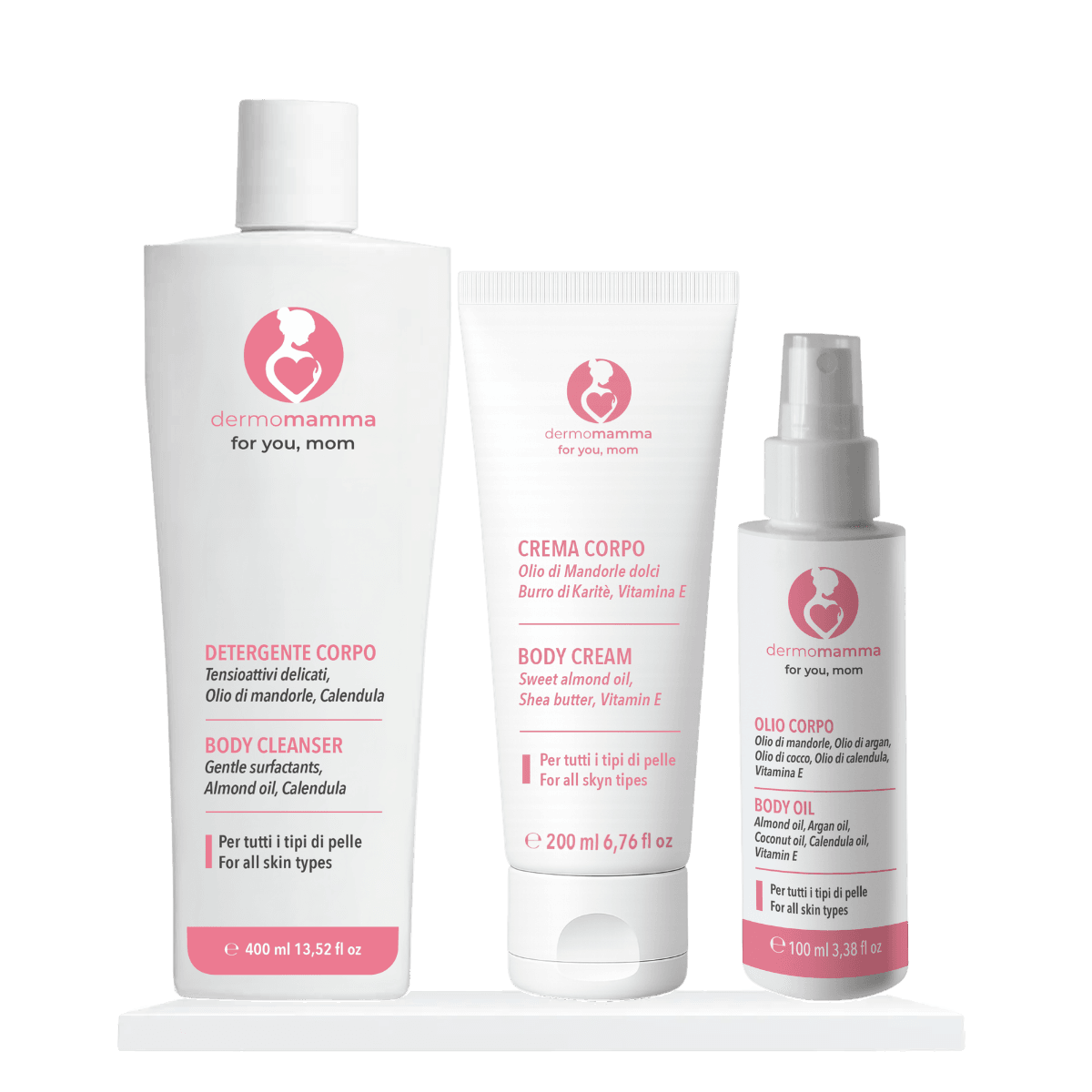 Trio Corpo Dermomamma: detergente, crema e olio corpo antismagliature