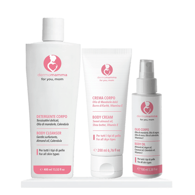 Trio Corpo Dermomamma: detergente, crema e olio corpo antismagliature